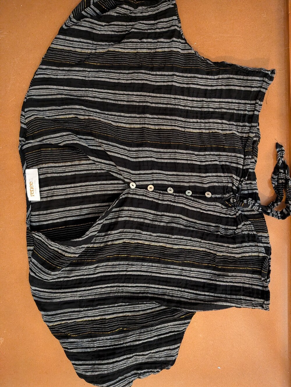 Renee C. Black & Gray Striped Button-Front Top with Gold Thread 99% Cotton